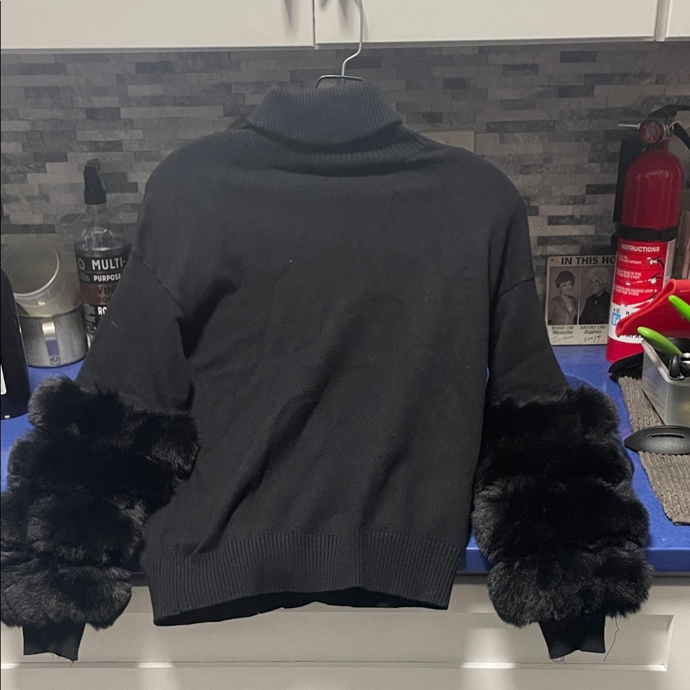 Black Faux Fur Cuff Turtleneck Sweater - Women